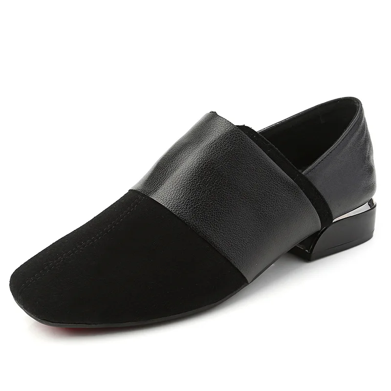 

2022 New Fashion Kid Suede Microfiber Cowhide Splicing Women Leather Shoes Low Heel Square Toe Comfort Trendy Shoes Large Size