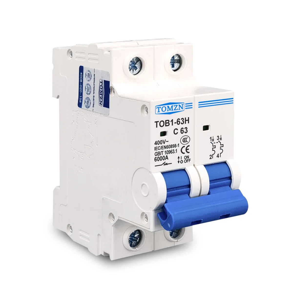 Mini interruptor do TOMZN-AC MCB, TOB1-63, 230 V, 400V, 50Hz, 60Hz, 6A, 10A, 16A, 20A, 25A, 32A, 40A, 50A, 63A, 2P