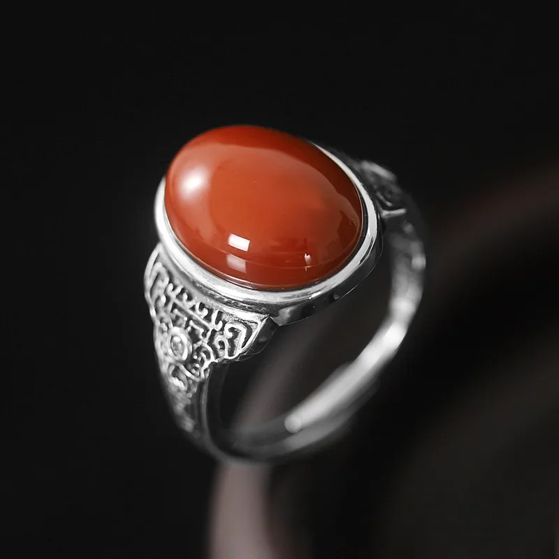 

JZ223 ZFSILVER Thai Silver 925 Fashion Elegant Luxury Hetian Jade South Red Agate Oval Ring Man Girl Women Wedding Party Jewelry