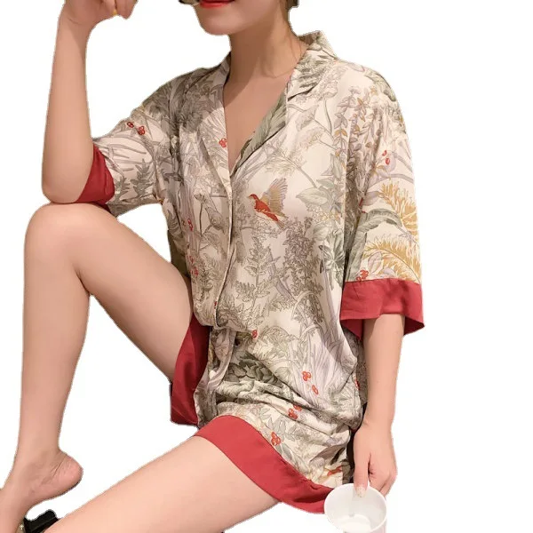 Summer Ice Silk Pajamas for Women Short-sleeved Shorts Sleepwear Outside Home Suit Female 2 Pieces Pijama