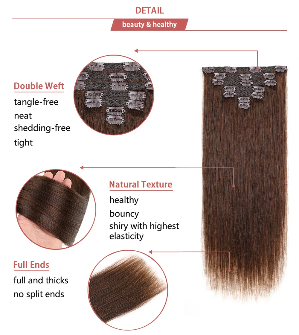 Brown Clip In Hair Extensions 100% Human Hair Clip Brazilian Remy Hair Extensions For Women Clip-On HairPiece 12 to 18 Inch #4