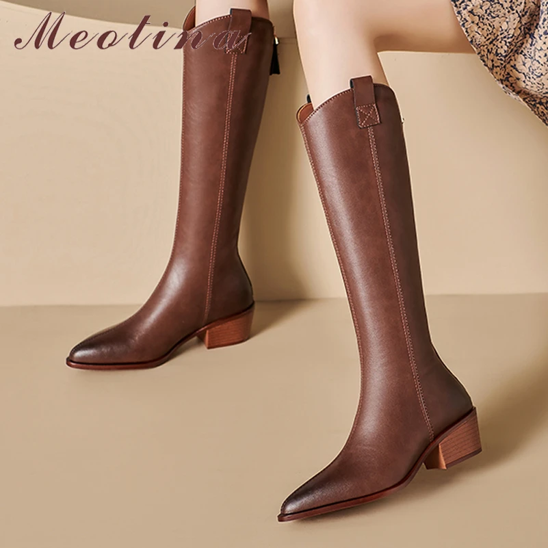 

Meotina Women Genuine Leather Knee High Boots Pointed Toe Block Mid Heels Zipper Western Long Boot Ladies Shoes Autumn Winter 40