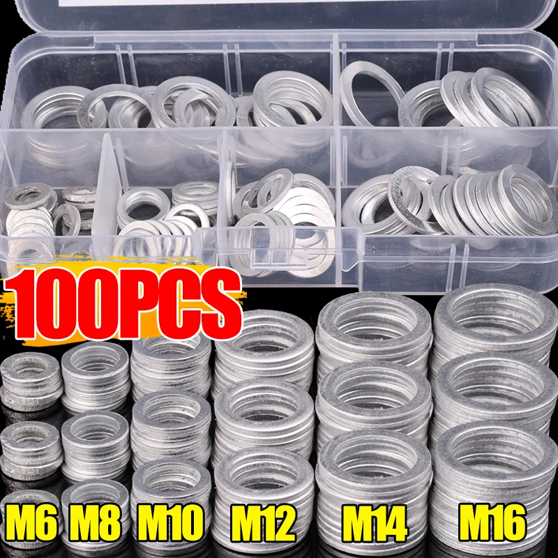 Aluminum Flat Washers Metal O Ring Fasteners Gaskets Set Assortment Flat Washer Oil Drain Gaskets M6 M8 M10 M12 M14 M16 100PCS