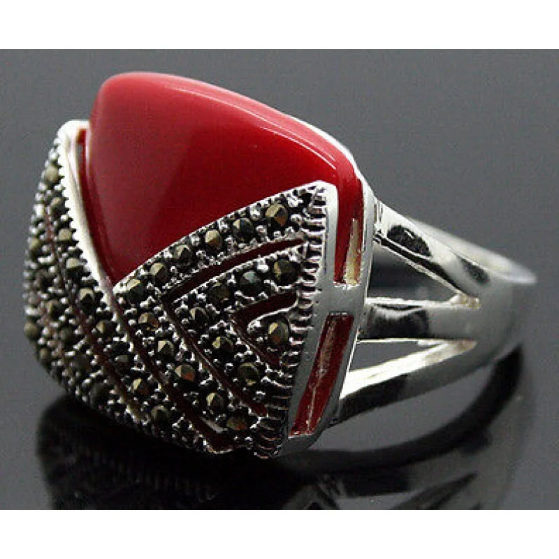 14*15mm Square Red Coral Marcasite 925 Sterling Silver Ring