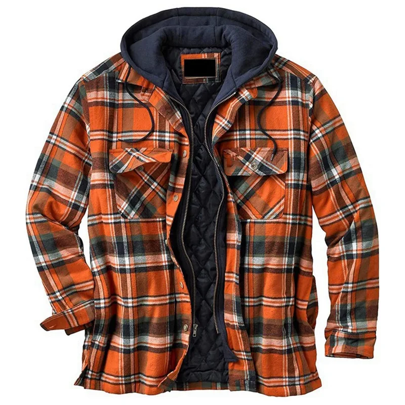 

Casual Cotton Shirts Jackets Men Autumn Winter Loose Harajuku Plaid Hooded Zipper Warm Coat Long Sleeve Basic Vintage Jacket 5XL