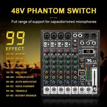 TKLBLS Professional 6-Channel 99DSP Audio Mixer 48V Phantom Power USB Studio Karaoke Bluetooth DJ Console Mixer 2