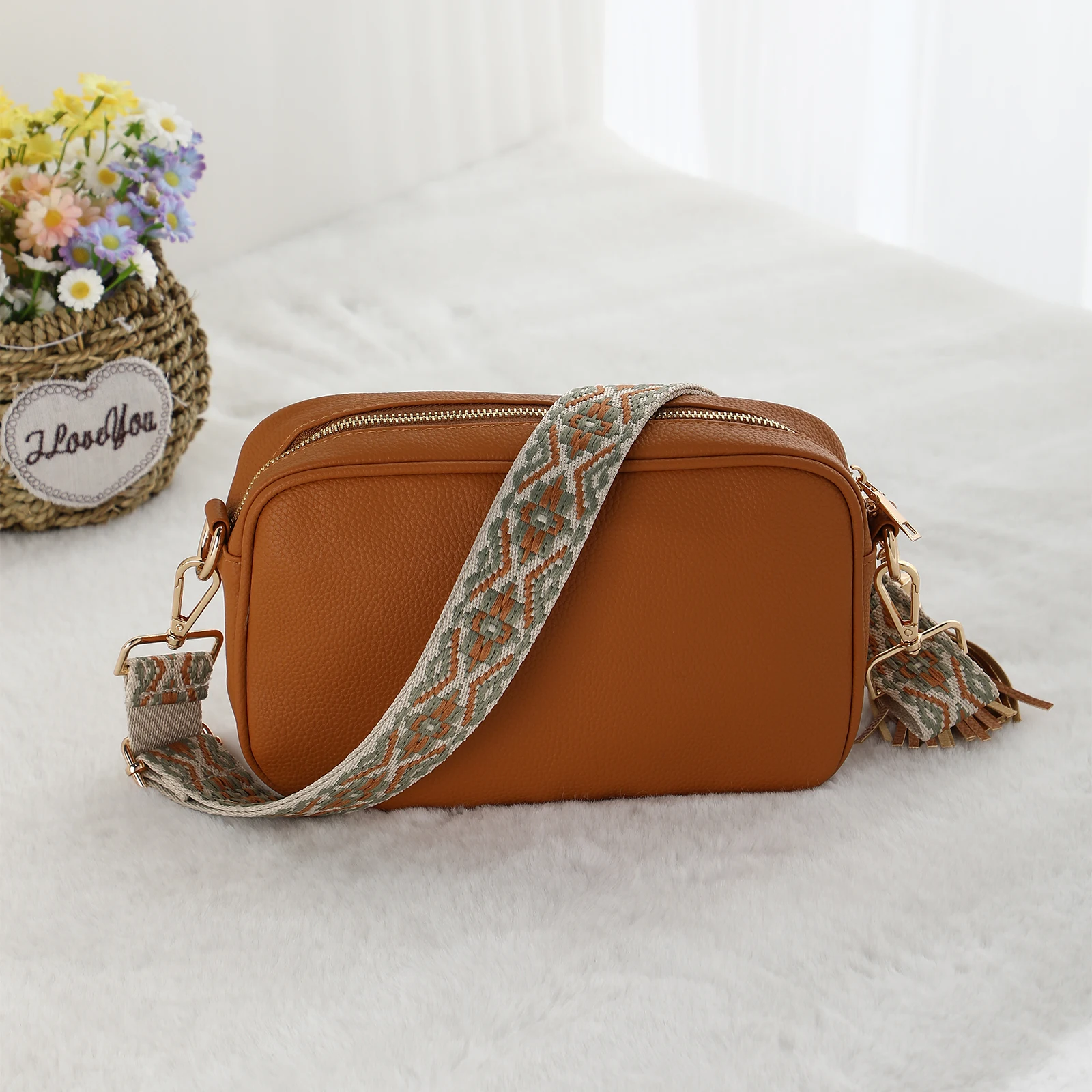 Small Sling Bag For Women Crossbody Tassel Faux Leather Trendy Shoulder Bags Solid Color With Guitar Strap Ladies