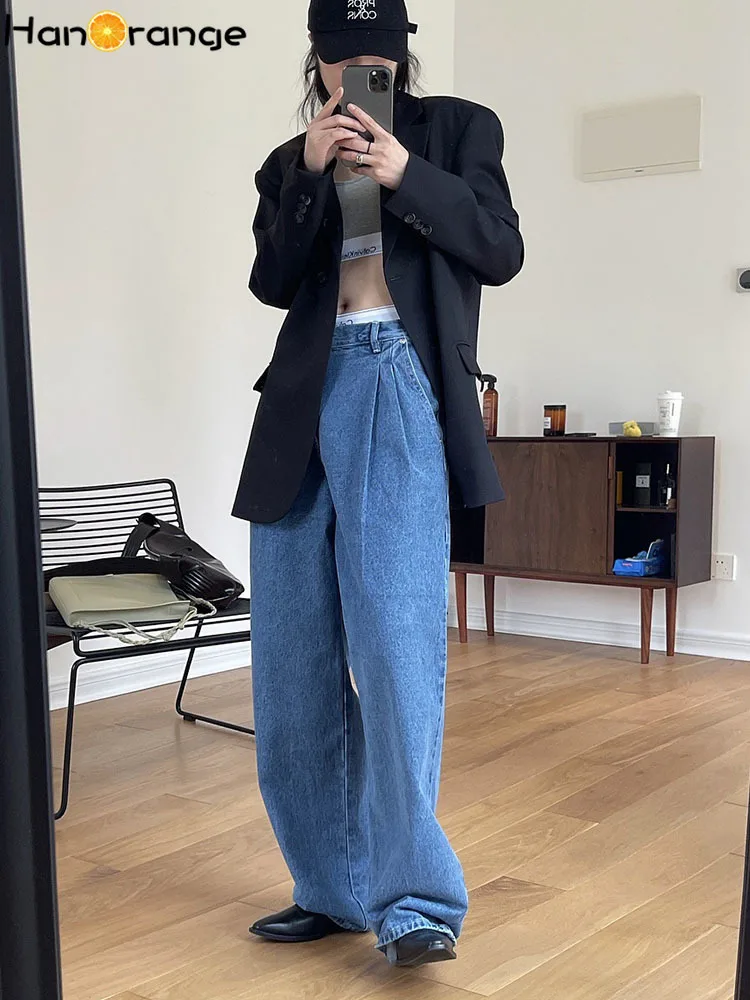 HanOrange 2024 Spring Fashion Wide Leg Jeans for Women High Waist Pants Loose Casual Cotton Denim Trousers Female Clothing