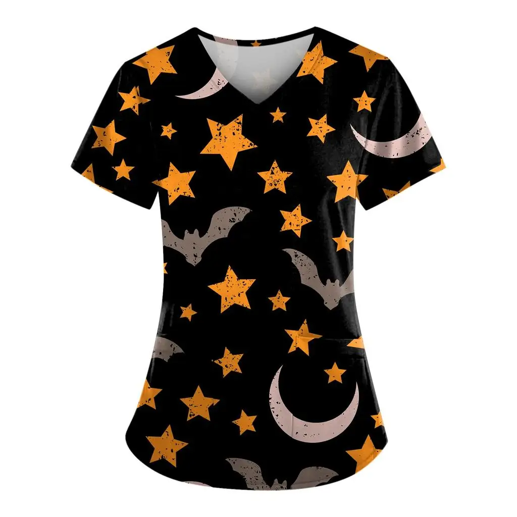 Chirurgische Uniform Frau Halloween Kürbis Cartoon Print Dental Scrubs Tops V-Ausschnitt Kurzarm mit Taschen T-Shirts Medizinische Kleidung – Detail 8
