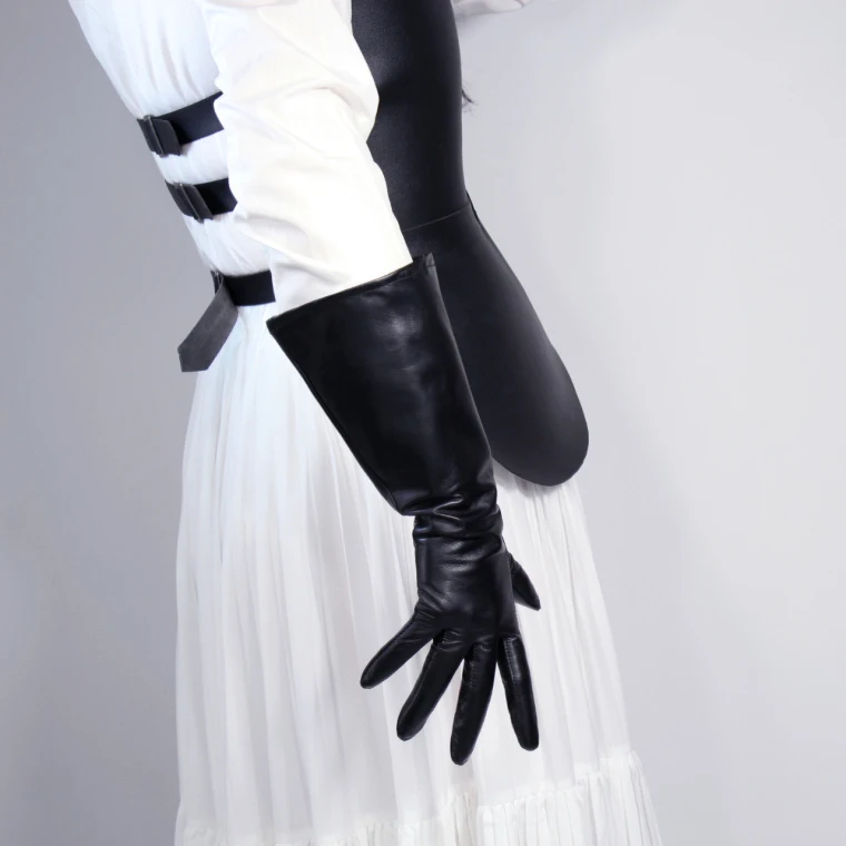 REAL LEATHER TECH LONG GLOVES Unisex Brown 38cm Wide Balloon Puff Sleeves Large LLDLLNT