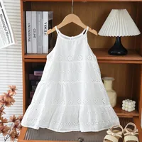 Robe coréenne pour filles 2026, couleur unie, dentelle ajourée, bretelles, en coton uni, vêtements d'été pour filles 2