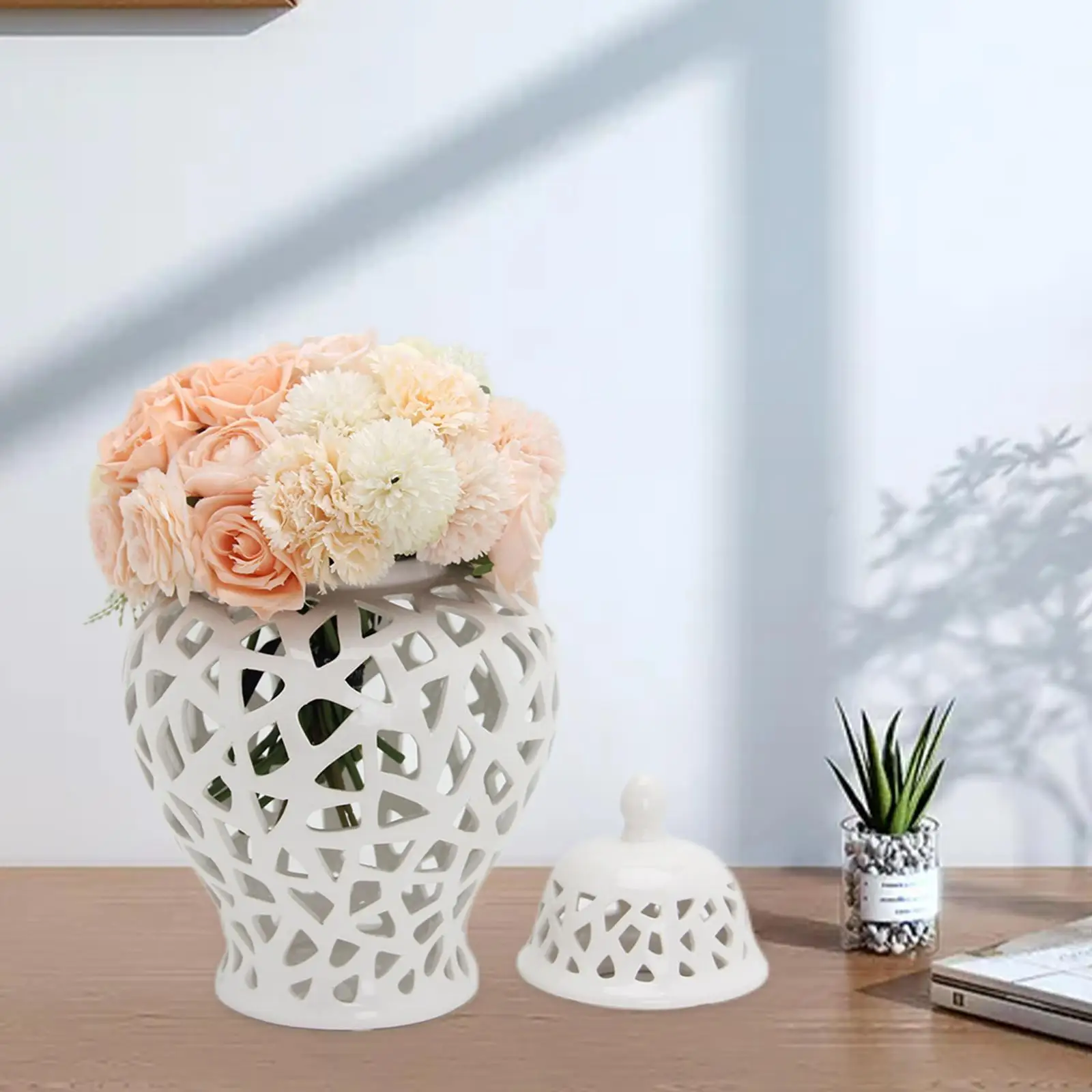 Ceramic Ginger Jar With Lid Hand Painted Ceramic Vase for Table Floral Arrangement for Home Decor White Large Vase