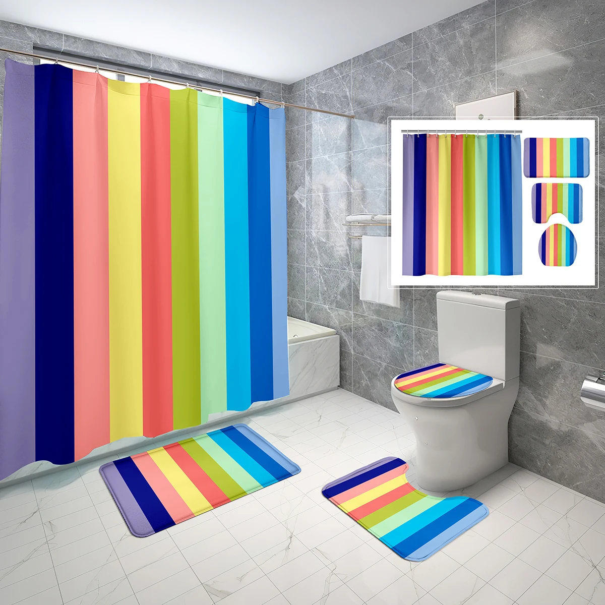 

4 Pcs Colorful Striped Waves Shower Curtain Sets Vertical Stripes Non-Slip Bath Mat Toilet Cover Waterproof Shower Curtain Set