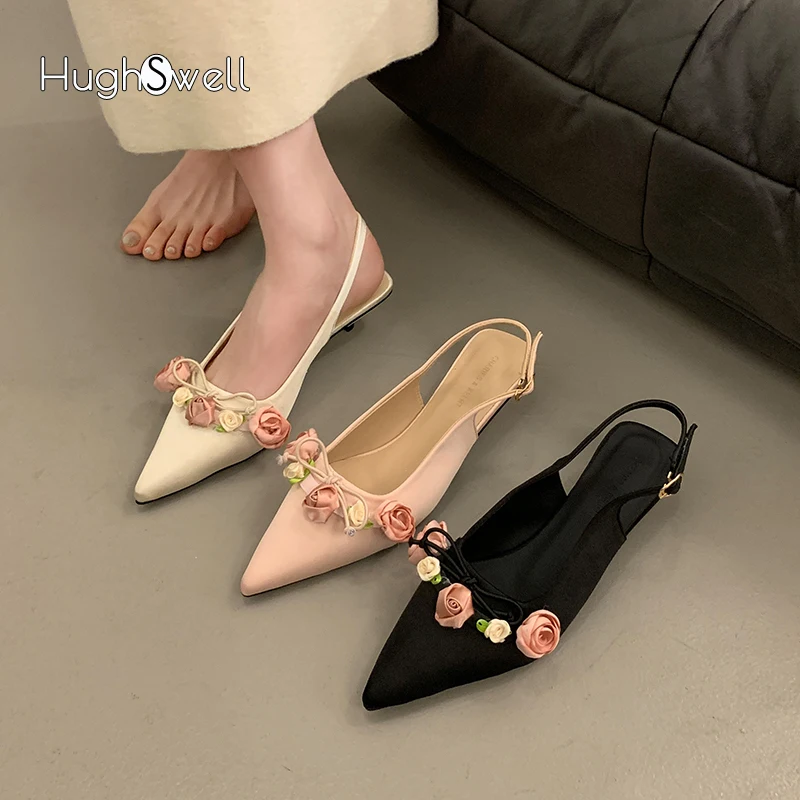 

Luxury Flower Ornament Satin Silk Slingback Sandals Woman Elegant Point Toe Kitten Heel Stiletto Pumps Ladies Party Dress Shoes