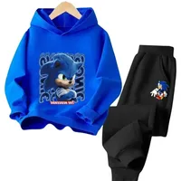 Boys and Girls Aged 3-13 Children's Anime Cartoon Sonic Letter Printed Autumn/Winter Warm Two Piece Hoodie+Pants Sports Set for