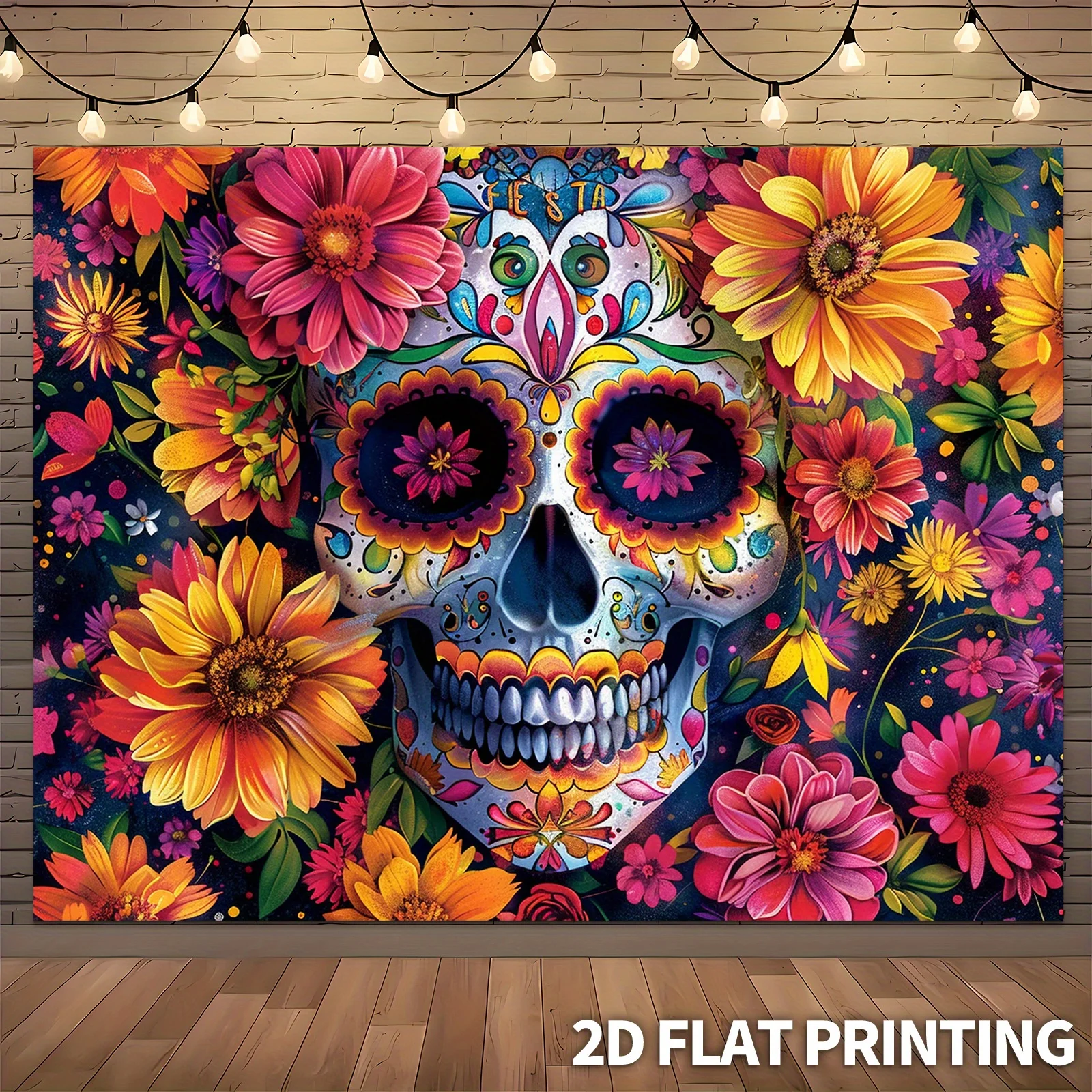 1 großes Partybanner mit Zuckerschädel-Blumen – mexikanische Day of the Dead-Dekoration, mit hellen Blumenmustern, Polyester