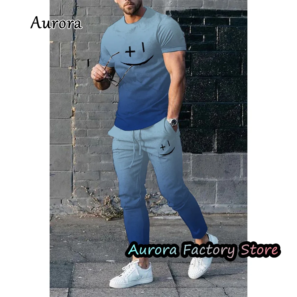 Summer Men's Haze Blue Tracksuit Lovely Smile T-Shirt Trousers Set Harajuku Style Jogging Suit Casual Outfit Male Chic Clothing