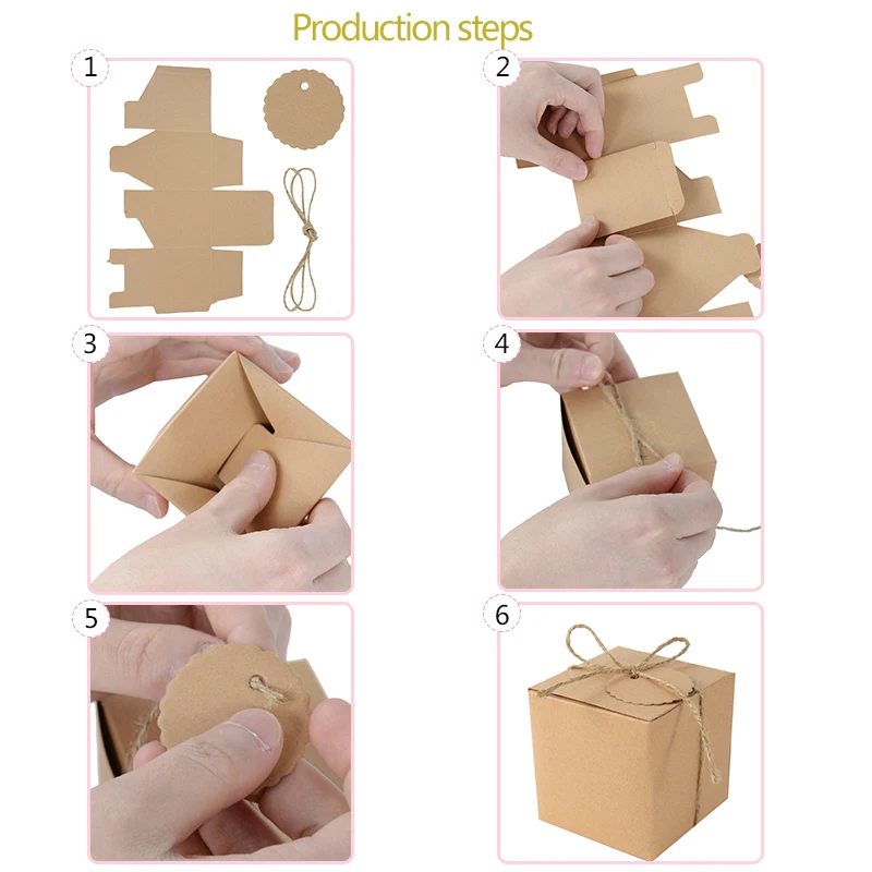 10pcs Kraft Paper Square Candy Box DIY Gift Box With Label Tag Wedding Birthday Party Decor Baby Shower Favor Supplies