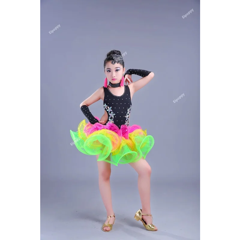 Kids Sequin Latin Dance Dress For Girls Fashion Cha Cha Salsa Tango Dance Outfit Stage Costume Performance Outfits Competition