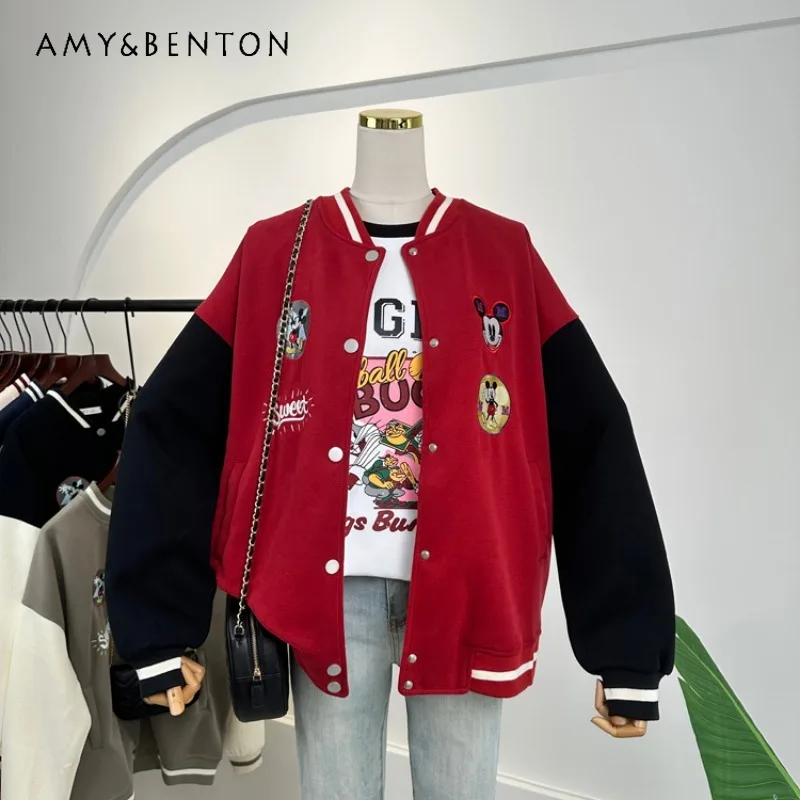

Autumn 2023 New Korean Style Embroidery Cartoon Pattern Loose Oversize Color Matching Sleeve Couple Baseball Uniform Coat Jacket