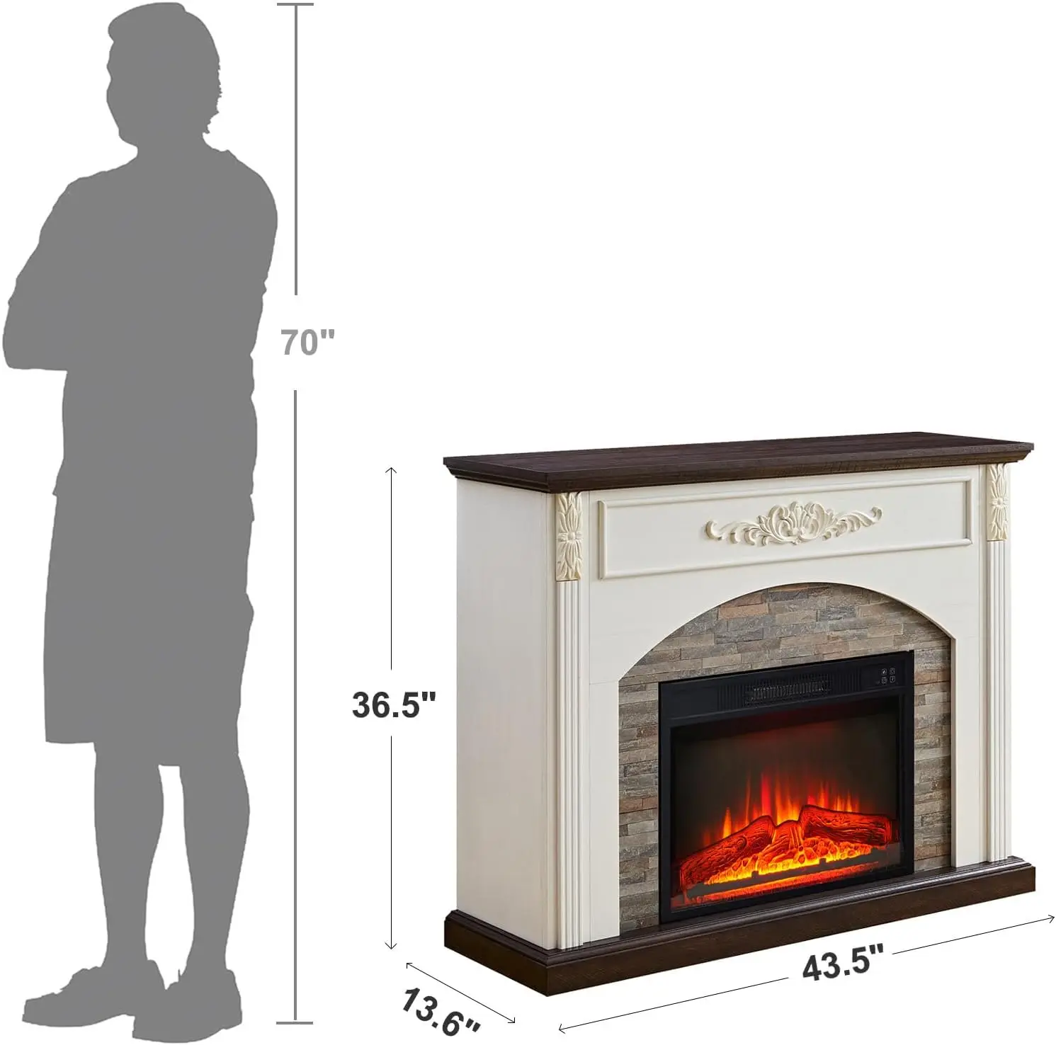 44Inch Electric Fireplace with Mantel, Fireplace Mantel with Stacked Stone Surround 3