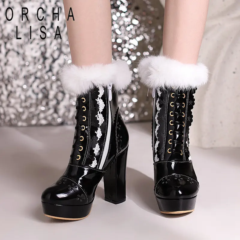 

ORCHA LISA Winter Women Ankle Boots Round Toe Block High Heels 11cm Zipper Lace Up Platform 2.5cm Big Size 48 49 50 Sexy Booty