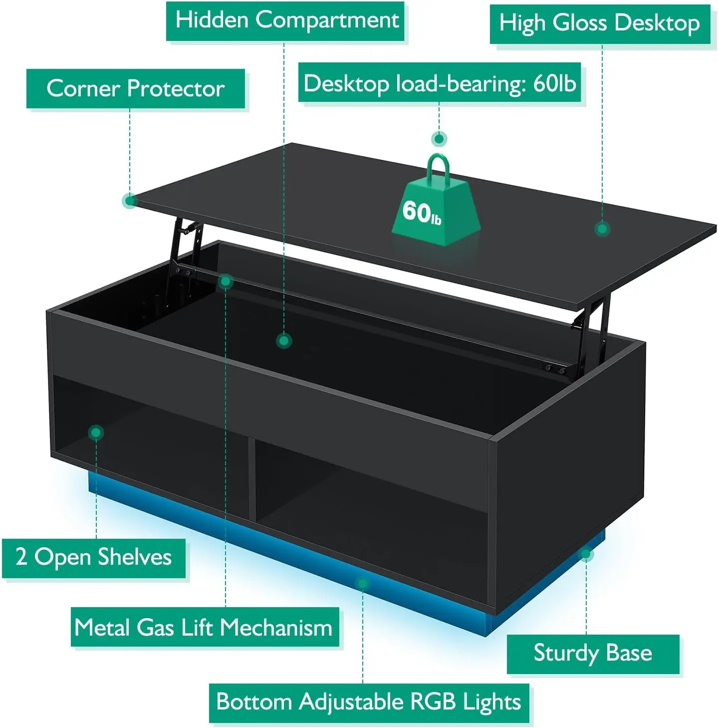 40" Modern LED Coffee Table with Storage for Living Room, Lift Top Coffee Table with 2 Shelves, High Glossy Wooden Dining Table
