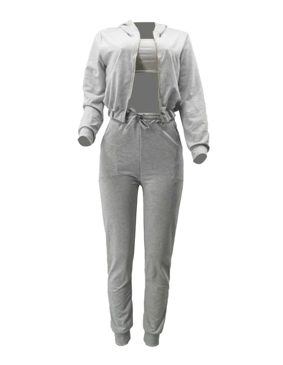 3Pcs Women Outfit 2023 Autumn Fashion Plain Sleeveless Crop Cami Top & Casual Drawstring Pocket Sweatpants Set with Zip Up Coat