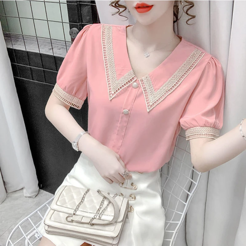 스위트 레이스 패치워크 할로우 아웃 블라우스, 반팔 쉬폰, 단색 루즈 셔츠, 오피스 패션, 여성 의류, 여름 신상