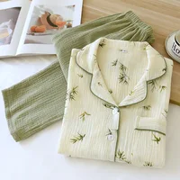 2026 New Spring/Summer Women's Pajama Set 100% Cotton Crepe Long Sleeve Long Pants Large Home Clothes Two Piece Set Sleepwear - Image 3