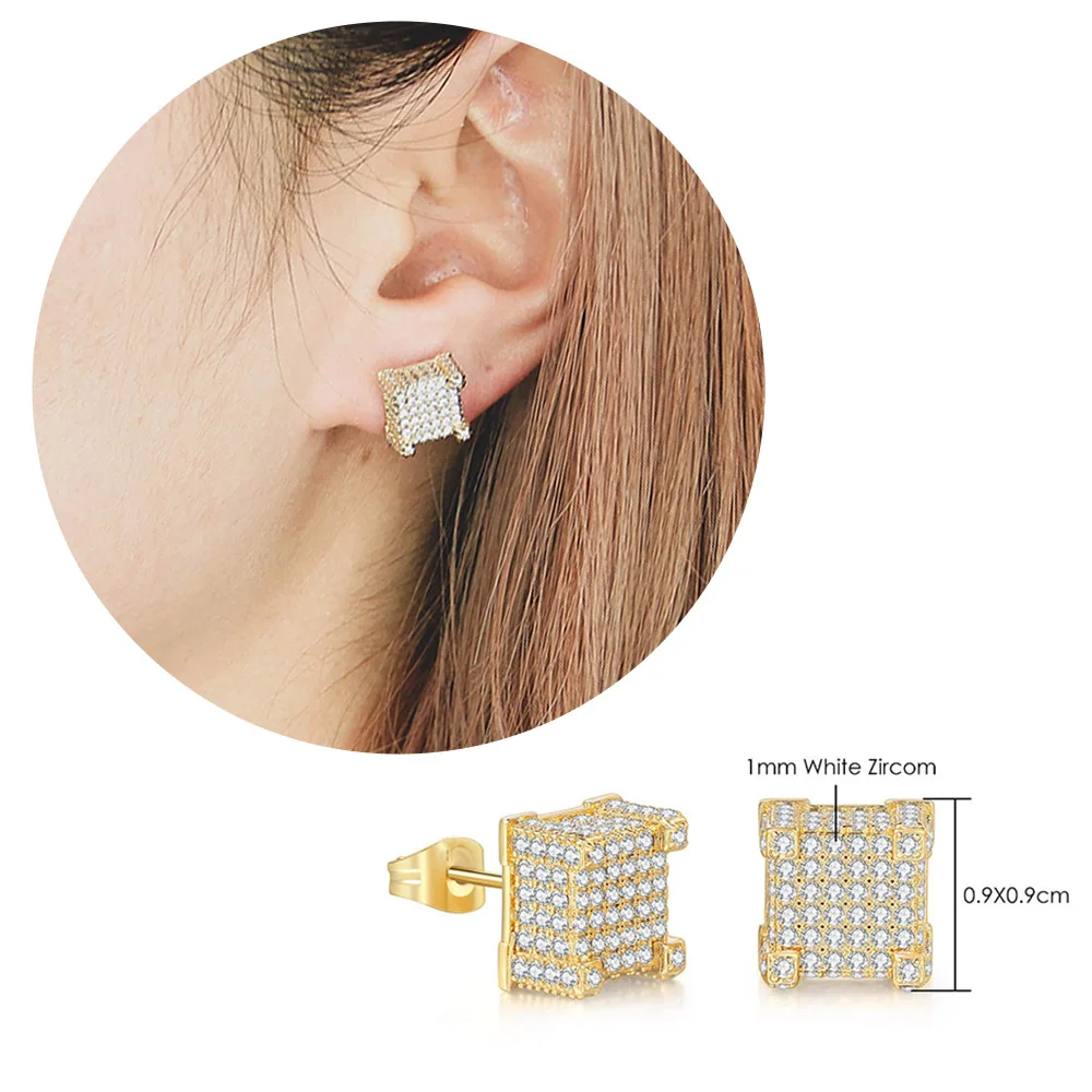 Hip Hop Ice Studded Earrings For Men Male Trend Cubic Zirconia Piercing Hiphop Gold Color Square Earring Jewelry Accessories 6