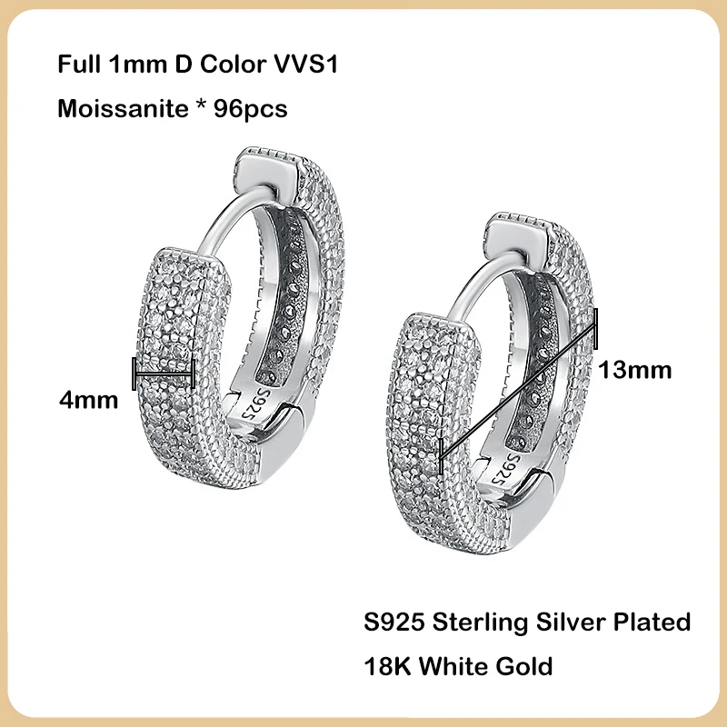 EWYA 2023 Luxury Real D Color Full 1mm Moissanite Hoop Earrings For Women S925 Sterling Silver Plated 18K Gold Diamond Earring