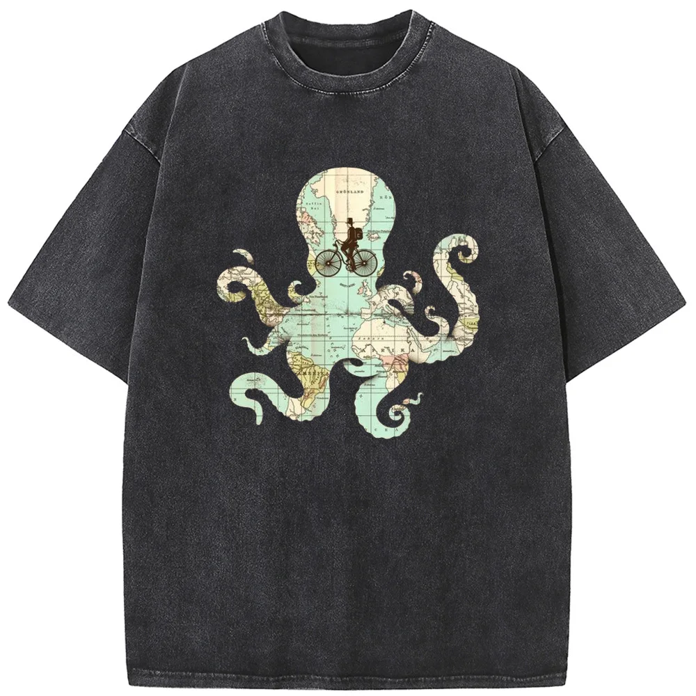 

Octopus Printed Men/Women Washed T-Shirt 230g Cotton Funny Bleached Tshirt Retro Hip Hop Bleach T shirt