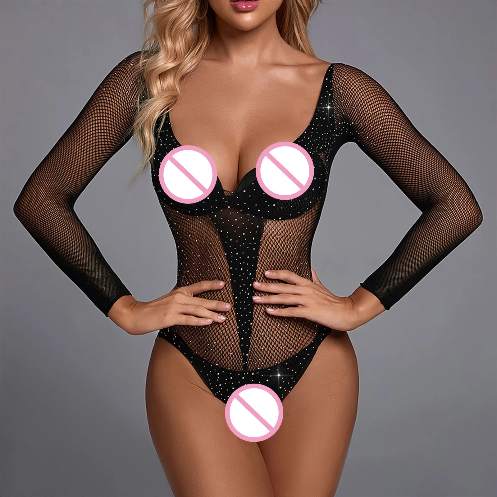 

Women Diamond Fishing Net Stocking Babydoll Lingerie Sleepwear Bodysuit Black Lingerie Backless Jumpsuit Women Underwear