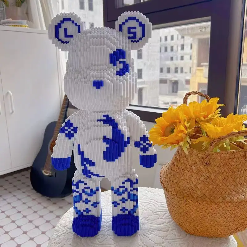 青と白の磁器のビルディングブロック,中国風,クマ,小さな粒子の