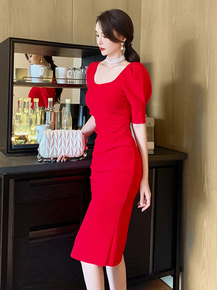 Elegant Simple Casual Dress Woman Red Pink Short Sleeve Backless