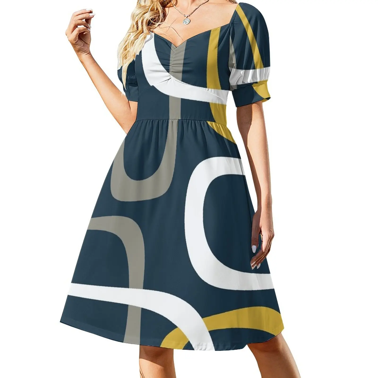 

Midcentury современные петли в ретро-стиле с рисунком, цвет горчичный, серый, белый и темно-синий, вечерние платья для женщин