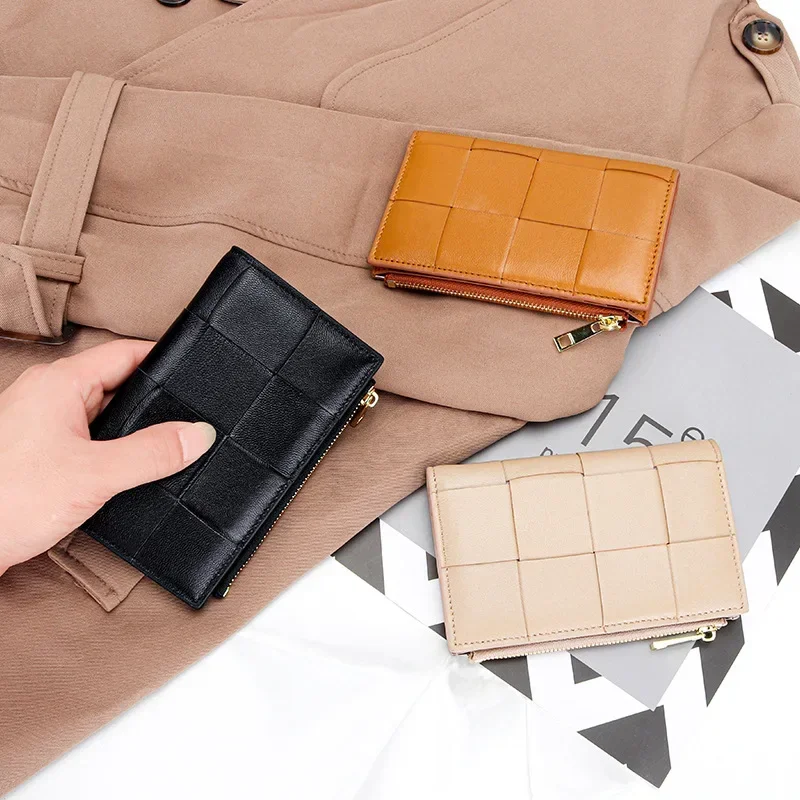 Sheepskin Card Holder Wallet New Multifunctional Women Business Card Organizer Case Box Coin Purse Woven Leather Cardbag