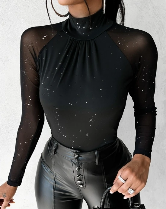 

Fashion Woman Blouse Spring Lace Panel Glitter Print Casual Round Neck Long Sleeved Skinny Daily Shirt Top Y2K Clothes