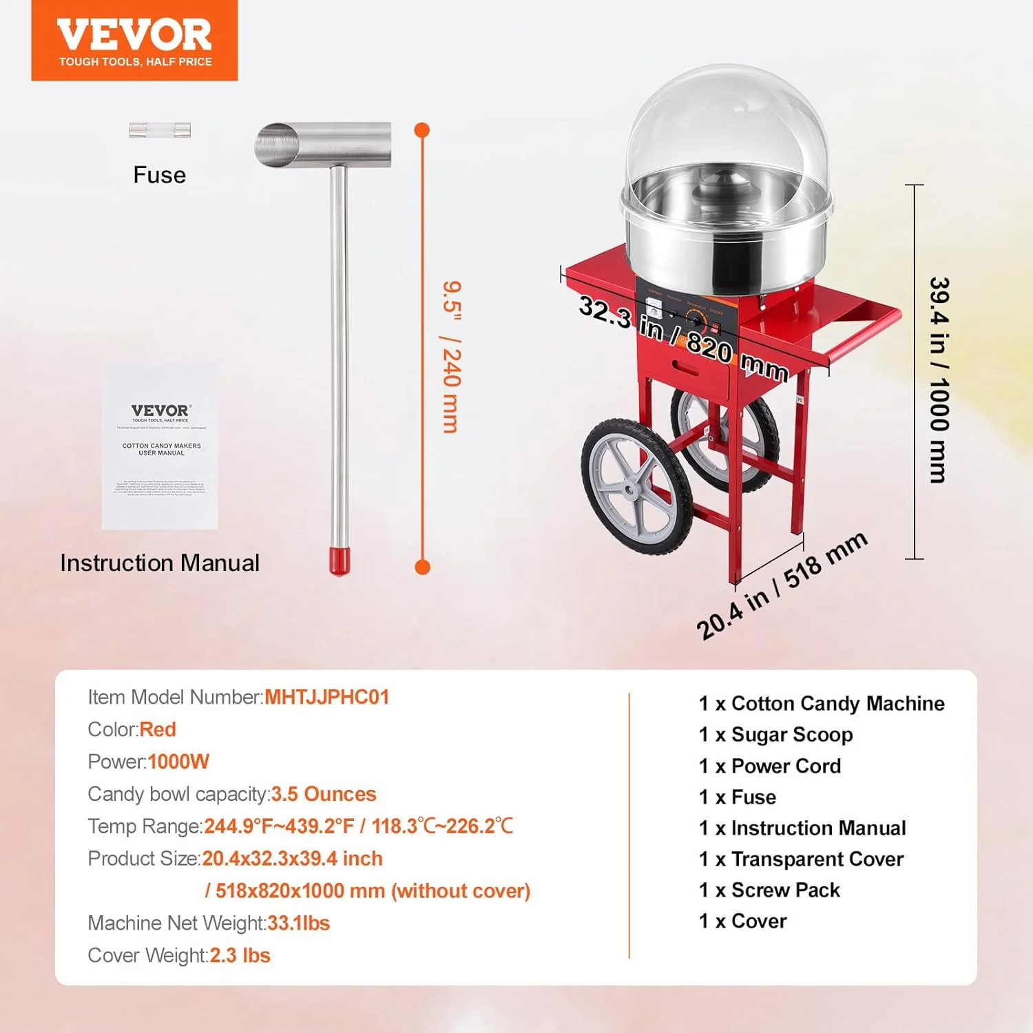 Electric Cotton Candy Machine Cart with Cover, Commercial Floss Maker w/Stainless Steel Bowl, Sugar Scoop and Drawer, Perfect
