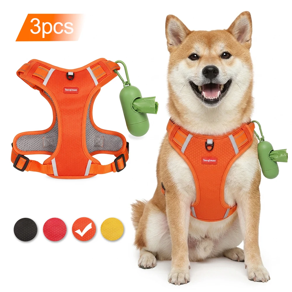 Hundegeschirr-Set mit Kotbeutelspender, reflektierend, atmungsaktiv, verstellbar, kein Ziehen, für kleine und mittelgroße Hunde