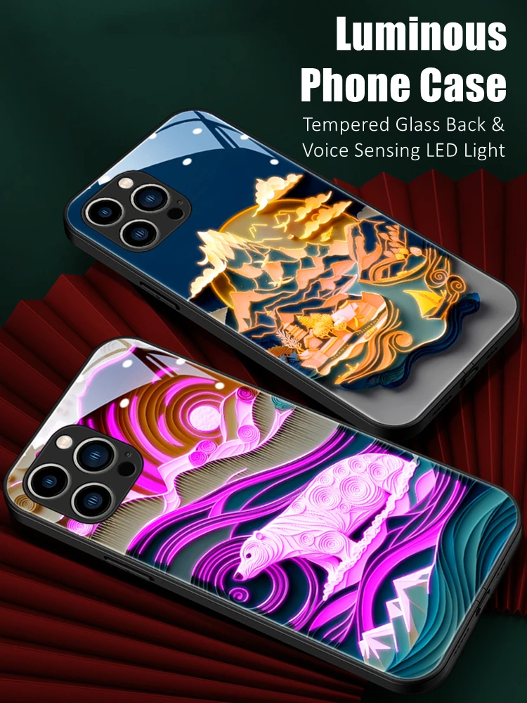 

Colorful Chinese Art LED Light Glow Luminous Tempered Glass Phone Case for Huawei P40 P50 P60 Mate 30 40 50 Nova 8 9 10 Pro Plus