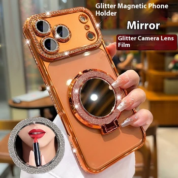 Glitter Mirror Magnetic Stand Holder Phone Case for iPhone 17 16 14 13 12 11 Pro Max Air 15 Plus Make Up Diamond Plating Cover 1