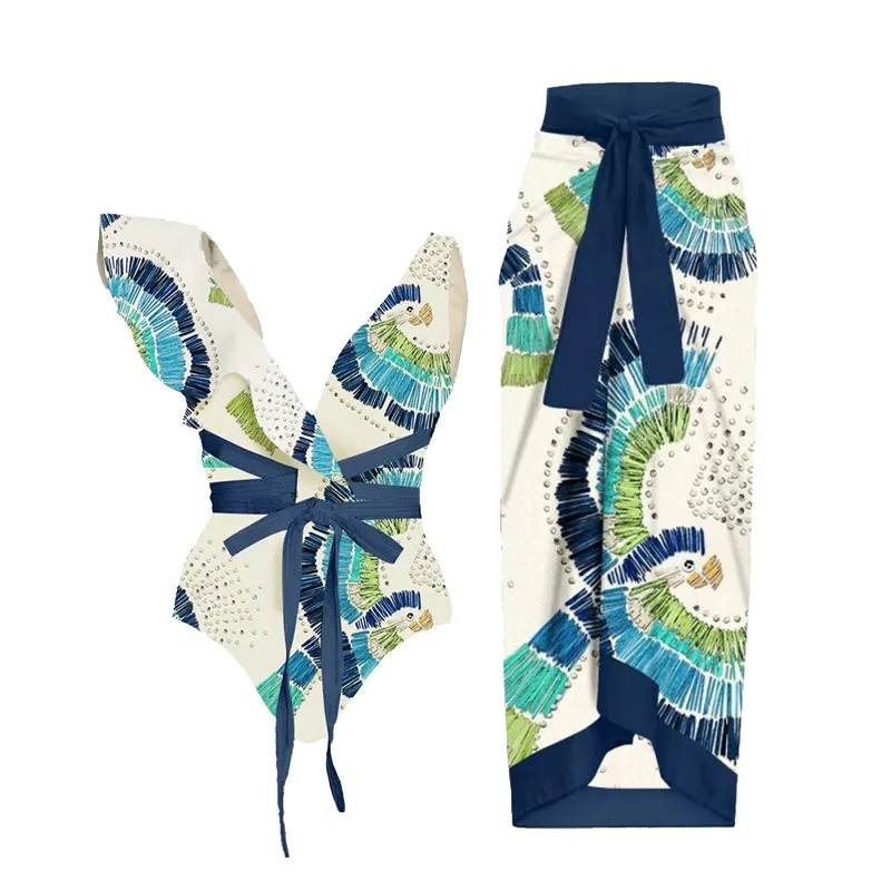 

2024 Sport Beach Floral Swimwear Sexy Backless One Piece Swimsuit Women Sashes Skirt 2 PCS Female Bathing Clothes