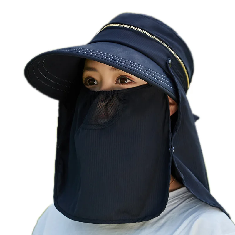 Beach Hat Women Sun Hat Women Outdoor Riding Anti-UV Sun Hat Foldable Big Brim Hats Neck Face Protection Detachable Mask Sunscreen Breathable Beach Caps