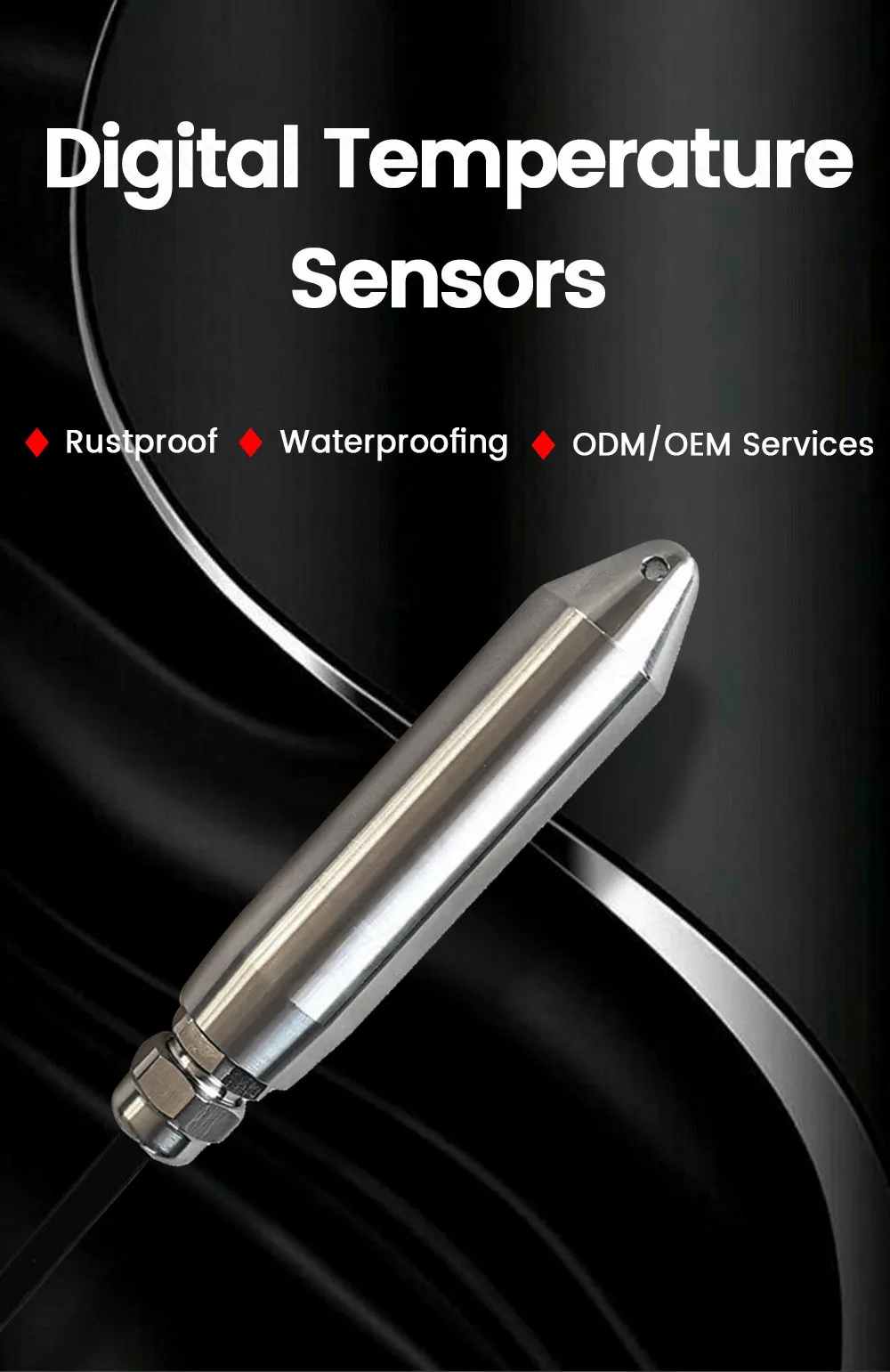 Robuster digitaler Temperatursensor aus Edelstahl, hochpräziser TVS-ESD-Schutz, IP68, SDI-12, Modbus-RTU, RS485, DC4,5–18 V, 5 m – Detail 1