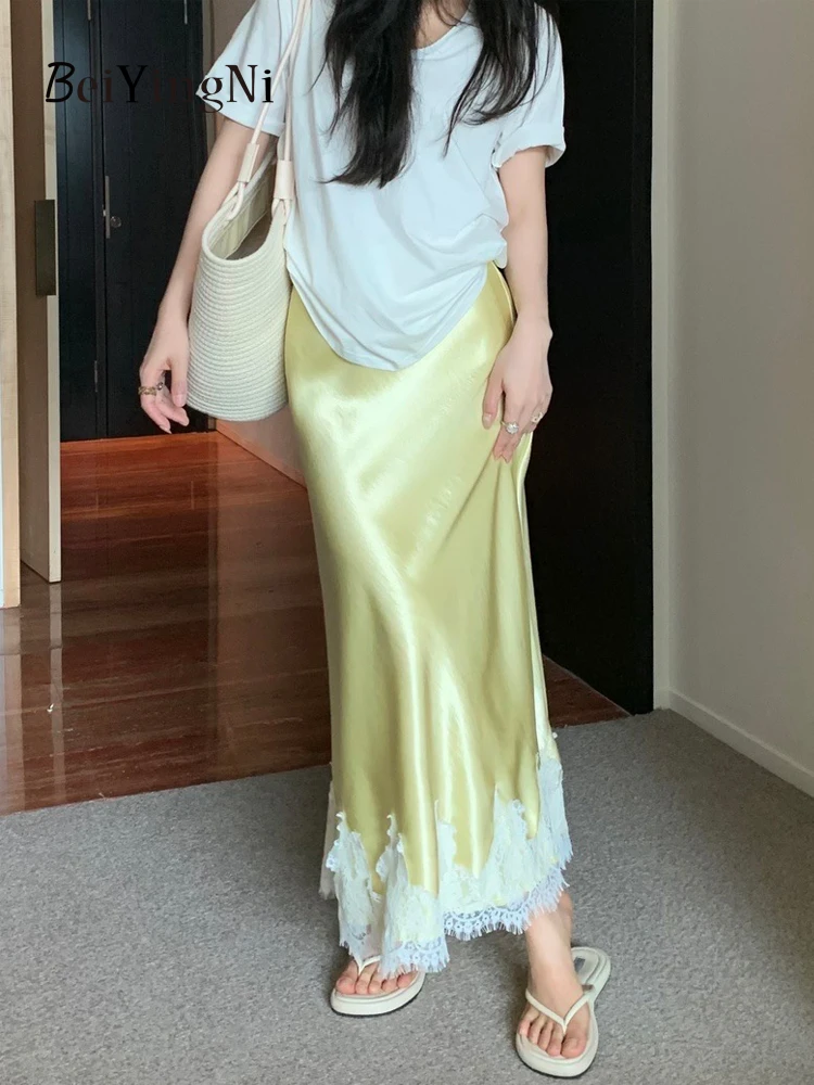 Beiyingni Elegant Long Skirts for Women 2025 Summer High Waist Lace Satin Trumpet Skirt Woman Luxury Slim Korean Fashion Skirts 1