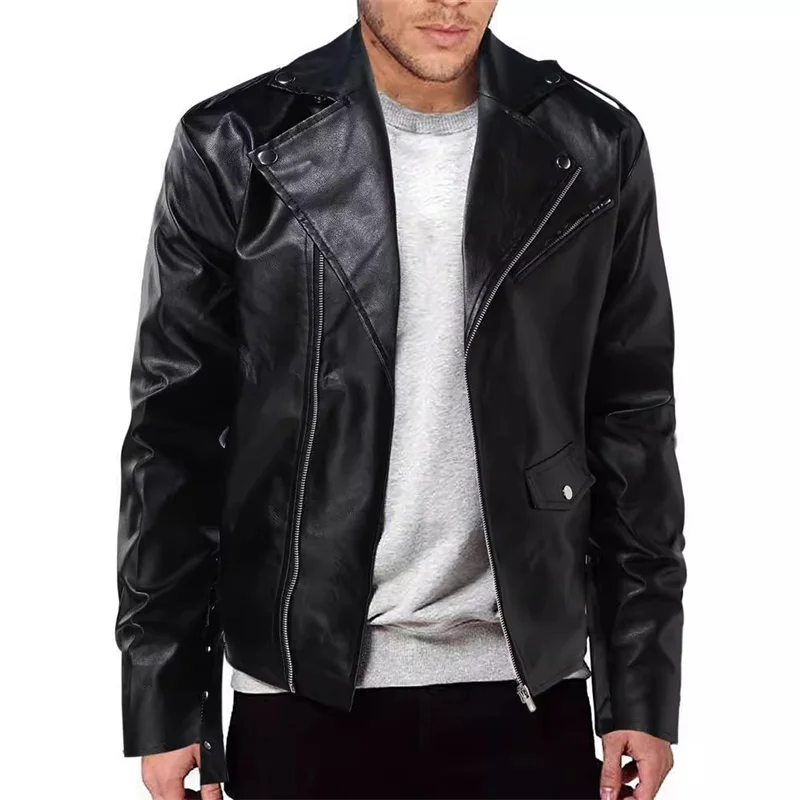 Leather jackets Men winter jacket Men Solid Color Imitation Leather Jacket Black / Red Oblique Zipper Biker Coats