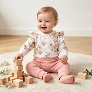 Completo Set Abbigliamento Neonato/a 0-18M: Tutina Floreale a Maniche Lunghe in Cotone e Pantaloni - 2 Pezzi Primavera Autunno