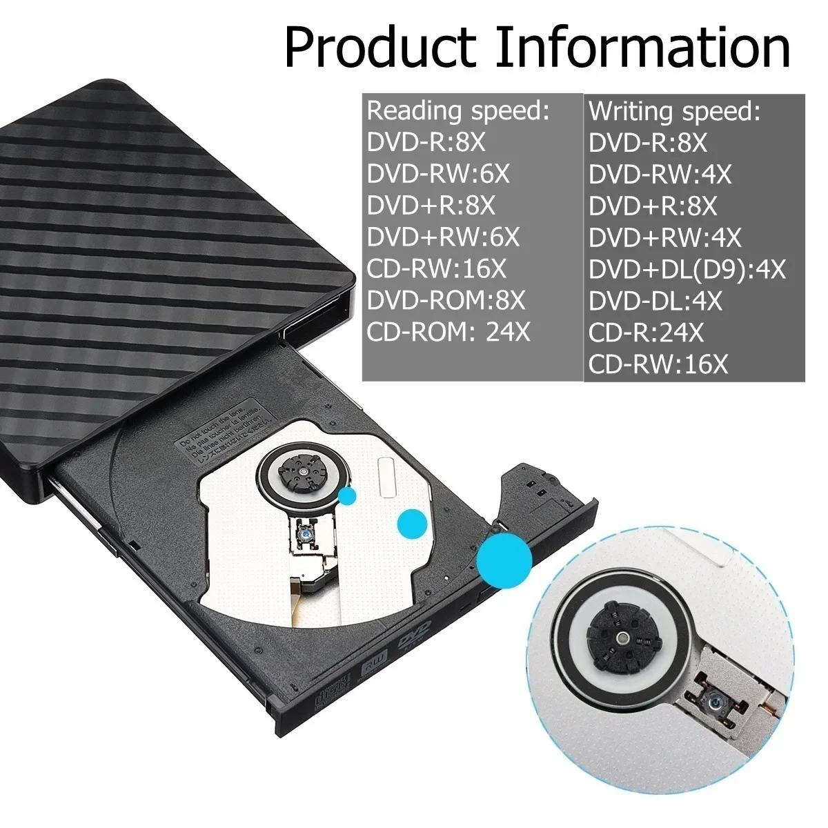 휴대용 컴퓨터 DVD Rw Cd 녹음기 USB 3.0 외장 광학 드라이브 장치, 고속 데이터 전송, 내구성 디자인